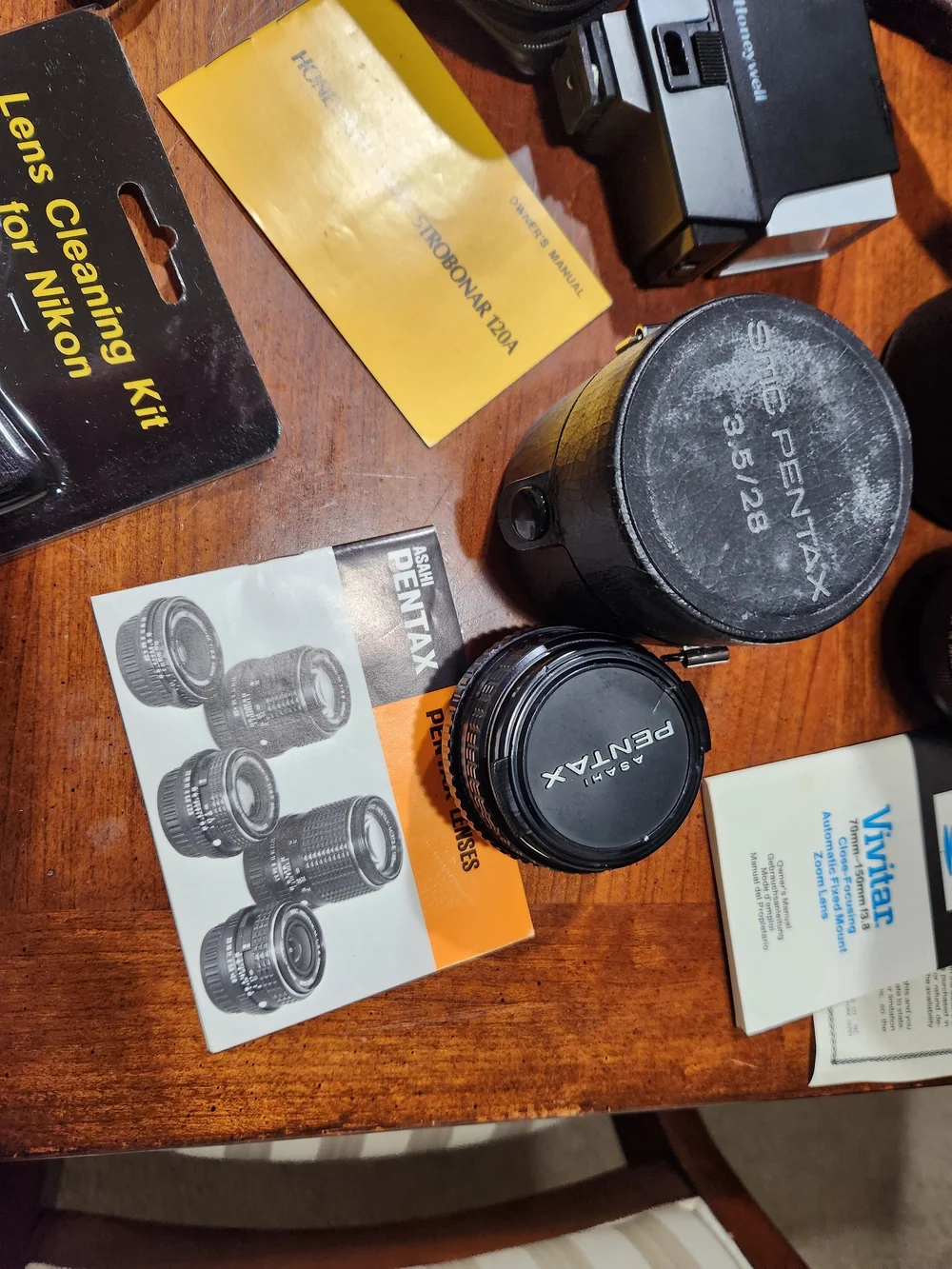 Vintage Pentax Camera Kit with Brown Leather Camera Bag and Black Lenses